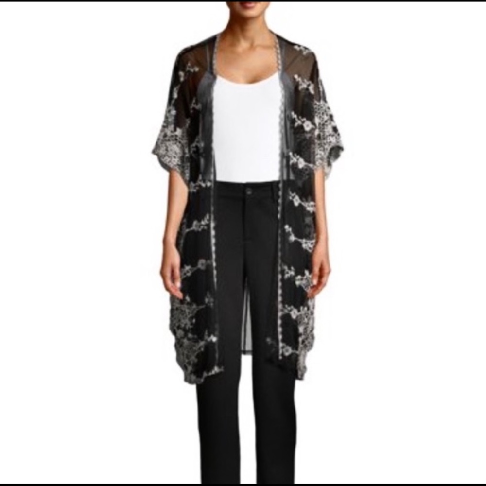 Black & Ivory Embroidered Lace & Mesh Kimono L/XL